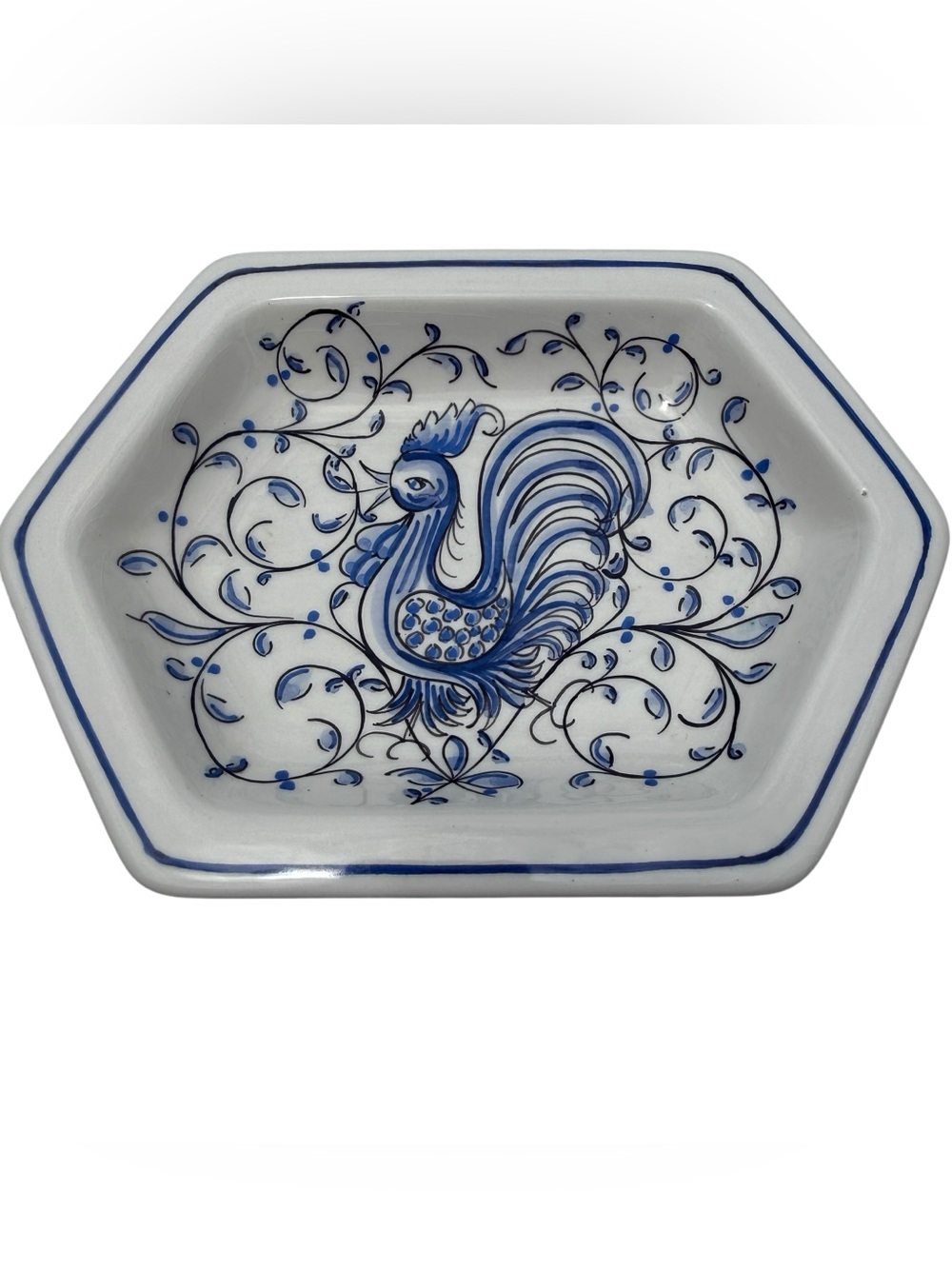 Vintage Portuguese Hand Painted Rooster Serving Dish Blue White Ceramic Portugal